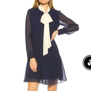 NEW Nordstrom Alexia Admor Navy/Ivory Drop Waist Tie Neck Long Sleeve Dress XL